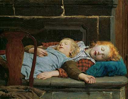 阿尔伯特·安克（Albert Anker）的《炉子长椅上的两个熟睡女孩》