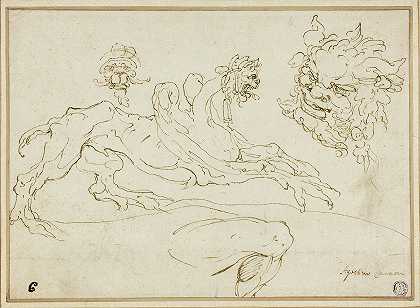 阿戈斯蒂诺·卡拉奇的《四幅素描：格里芬、怪兽头、萨提尔头、弯曲腿》