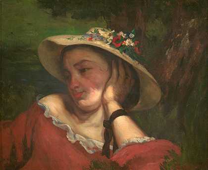 古斯塔夫·库尔贝的《塞纳河畔的年轻女士——一幅画的片段（帽子上戴着花的女人）》