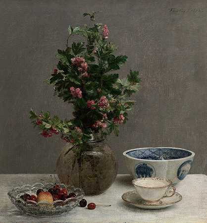 亨利·范丁·拉图尔的《山楂花瓶静物》、《樱桃碗》、《日本碗》和《杯碟》