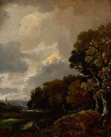 托马斯·盖恩斯伯勒（Thomas Gainsborough）的《树木和田野的风景，远处的教堂塔》