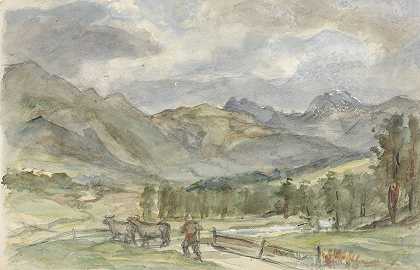 Jozef Israëls的《牧牛人和两头奶牛的山景》