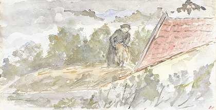 Jozef Israëls的《女人和屋顶的风景》