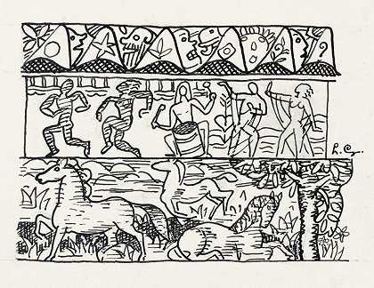 利奥·盖斯特尔（Leo Gestel）的《树叶上有三条图像：马、跳舞的人和面具》