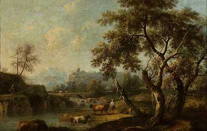 乔瓦尼·巴蒂斯塔·西马罗利（Giovanni Battista Cimaroli）的《水洞里有牛的山景》