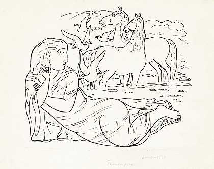利奥·盖斯特尔（Leo Gestel）的一张素描，画的是一个女人躺在沙滩上，带着两匹马和几只海鸥