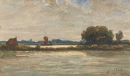 Johannes Gijsbert Vogel驾驶帆船在Sliedrecht欣赏河流
