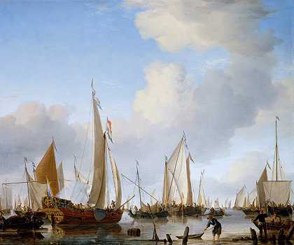 “平静-年轻人威廉·范·德·维尔德（Willem van de Velde the Younger）与许多其他船只一起在海岸附近航行的州帆船