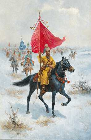 阿道夫·鲍姆加特纳·斯托伊洛夫（Adolf Baumgartner Stoiloff）的《冬季风景中骑马的哥萨克人》