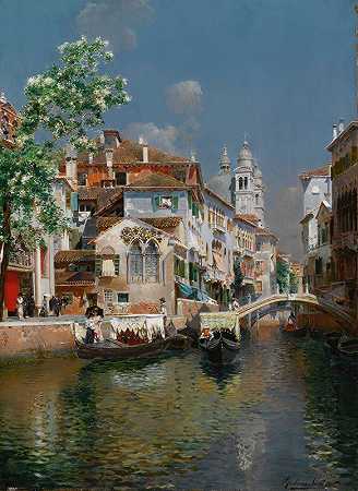 鲁本斯·桑托罗的《威尼斯运河上的贡多拉，圣玛丽亚·德拉向远方致敬》