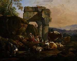约翰·海因里希·鲁斯的《带牛和牧羊人的罗马风景》