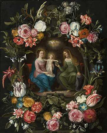 “圣安妮与圣母玛利亚和儿童耶稣在一圈鲜花中”
