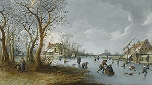 彼得·德·布卢特（Pieter de Bloot）的《冰封的河流风景，一名男子在雪橇里推着妻子沿着冰面前行》