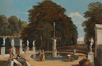 马可·里奇的《喷泉旁公园里人物对话的风景》