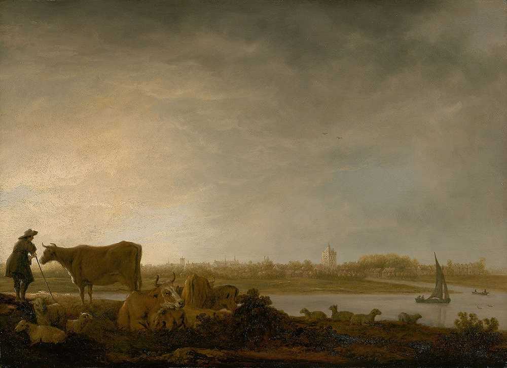 艾尔伯特·库普（Aelbert Cuyp）的《维亚宁与牧民和牛在河边的景色》