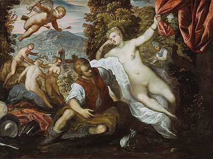 多梅尼科·丁托雷托的《维纳斯和战神与丘比特和三位女神的风景》