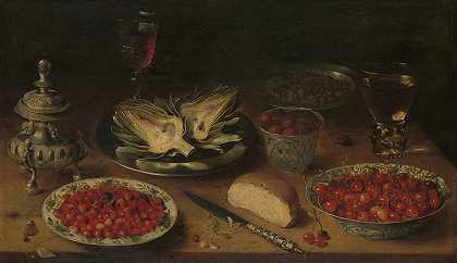 老奥西亚斯·比尔特的《菊花、克拉克瓷器里的水果、盐窖和胡椒蓖麻的静物》