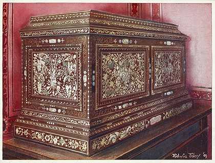 “胡桃木镶嵌珠宝盒。正面和顶部镶有镶板，由Edwin Foley制作