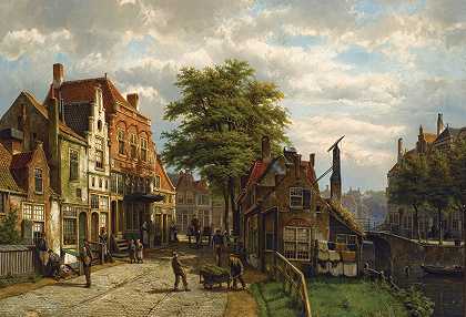威廉·科科克（Willem Koekkoek）的《阳光明媚的荷兰小镇上的人物》