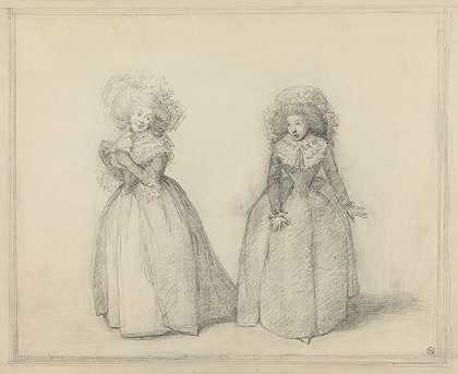 “两位女士站在交谈中，可能是乔治·丹斯戏剧中的一幕