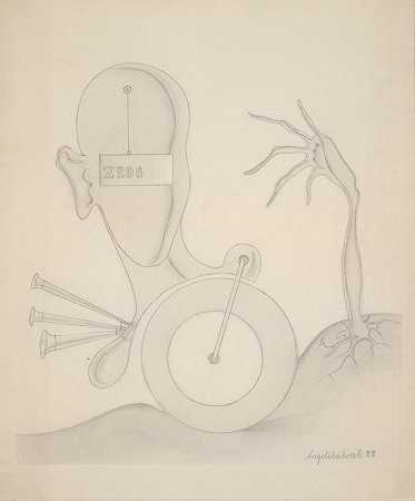 Angelika Hoerle的《头部与标志、手、车轮和自动喇叭》