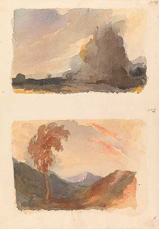 托马斯·萨利（Thomas Sully）的《前景中有大悬崖的风景——库普原理》（第3）前景中有树，远处有山的风景——两者原理》