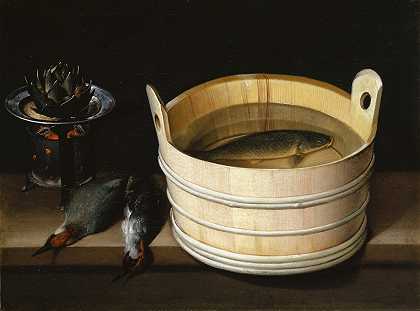 塞巴斯蒂安·斯托斯科夫的《火锅配朝鲜蓟、啄木鸟和水缸配鲤鱼》