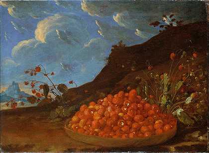 路易斯·梅伦德斯的《风景中的野生草莓篮》