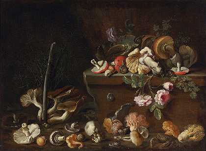 西蒙·德尔·丁托雷的《蘑菇与花朵的静物》
