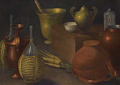 鲁道夫·洛迪（Rodolfo Lodi）的《一幅静物画，有两个卷曲的玻璃瓶、一个翻过来的陶罐、一系列其他器皿和一束胡萝卜》