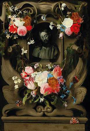 扬·菲利普斯·范·蒂伦（Jan Philips van Thielen）的《一个花环围绕着一个带有基督半身像的卡图什》（cartouche）