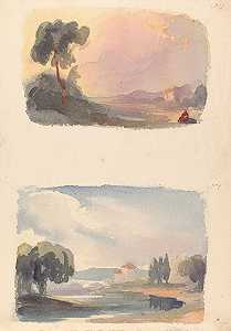 托马斯·萨利（Thomas Sully）的《远处有山的风景》（Landscape with Mountains in Distance and Seat Figures in Foreground）、《河流与建筑的风景》