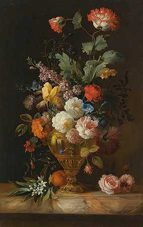 雅各布·波哥大（Jakob Bogdány）的《大理石窗台上的金属花瓶里的玫瑰和其他花朵的静物》