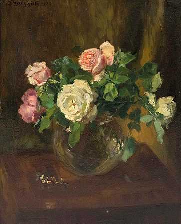 Josef Jungwirth的《玻璃花瓶里的玫瑰和两枚婚戒的静物》