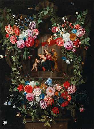 长老扬·范·凯塞尔（Jan Van Kessel the Elder）的《一个花环，围绕着一个带有神圣家族和普蒂的卡图什》（cartouche）