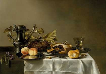 Pieter Claesz的《银盘上的桃子》、《水果派》、《面包卷》、《修剪过的鱼子酱》和《半遮桌子上的银色咖啡壶》。