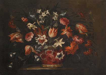 何塞·德·阿雷利亚诺的《一篮郁金香、康乃馨和其他花朵在石柱上的静物》