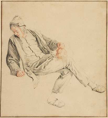 科内利斯·杜萨特（Cornelis Dusart）的《一个坐着的农民看着右边，手里拿着投手》