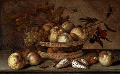 巴尔塔萨尔·范德阿斯特（Balthasar van der Ast）的《一个装满樱桃、苹果、桃子和一串葡萄的篮子，周围是苹果、桃儿、贝壳、蜜蜂和一只蜻蜓》