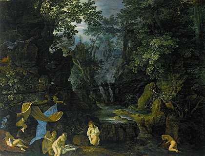 罗兰·萨弗里的《沐浴睡莲、莱达和天鹅的森林风景》