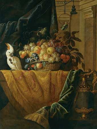 《一篮水果和一只鹦鹉放在窗台上的静物》，窗台上挂着一块锦缎，旁边是一个奥莫鲁镶嵌的紫罗兰花瓶，作者：Jan Pauwel Gillemans the Younger