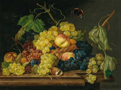 《葡萄、桃子和核桃的静物》，弗兰兹·泽弗·皮特著