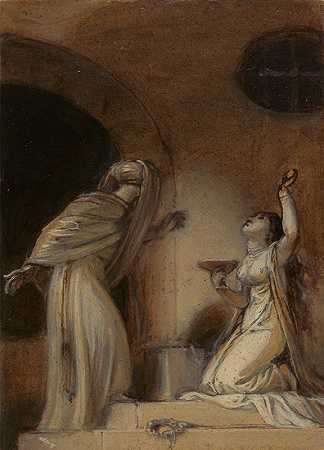 罗伯特·史密克（Robert Smirke）的《东方浪漫的插图，可能是《天方夜谭》（The Arabian Nights），右侧是跪着的女性形象）