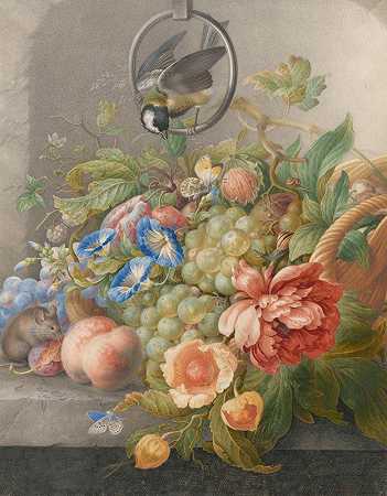 赫尔曼·亨斯滕堡的《花、水果、白菜山雀和老鼠的静物》