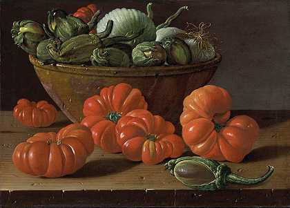 路易斯·梅伦德斯的《西红柿、一碗茄子和洋葱的静物》