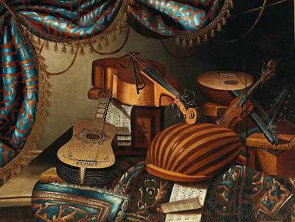 贝加莫学校铺着地毯的桌子上的乐器、乐谱和书籍