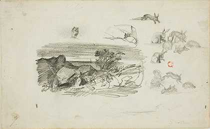 Charles François Daubigny的《素描岩石背景和兔子》