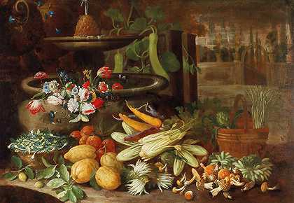 弗朗西斯科·德拉·奎斯塔（Francesco della Questa）的《别墅花园喷泉旁的鲜花、水果和蔬菜，还有蘑菇》