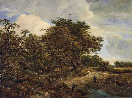 雅各布·范·鲁伊斯代尔（Jacob van Ruisdael）的《一片树木繁茂的风景，村舍、人影和土路上的狗》