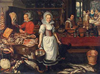Pieter Cornelisz的《富人和穷人Lazarus寓言的厨房场景》。van Rijck